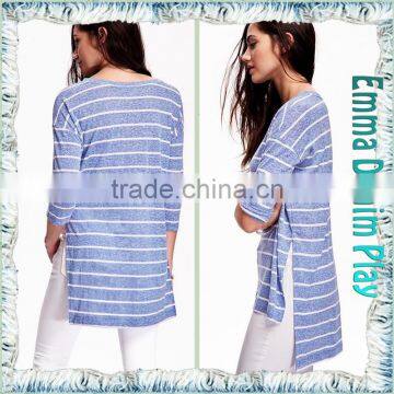 2016 Latest Custom Designer Blue Stripe Long Open Hem Womens Three Quarters Sleeve Round Neck T Shirts photo-3