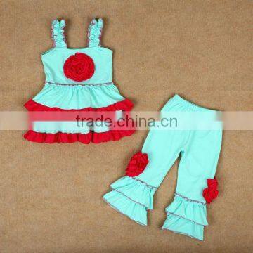 2014 Cotton Short Sleeve blue color with red in middle Top Ruffled Legging Pants Outfits Baby Girls Clothing Sets With Flower