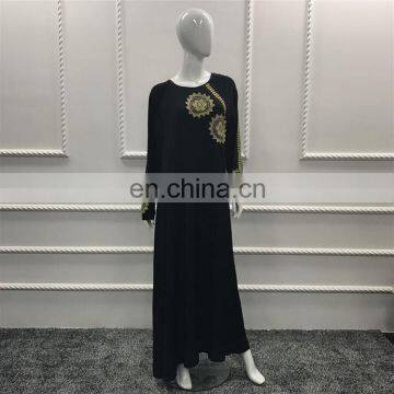 2017 Pakistani Burqa Muslim Maxi Dress Black Gold Embroider Flower Arab Abaya