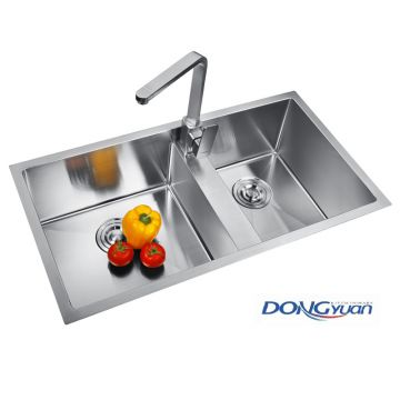 Guangdong Dongyuan Kitchenware 820×450×230mm Brushed Stainless Steel Double bowl Handmade Dual Mount Kitchen Sink (DY-HA550-824523-R10)