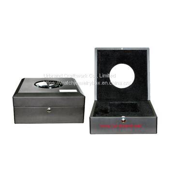 Customized Size logo watch box matt wood vintage locked watch box with round glass window on the lid