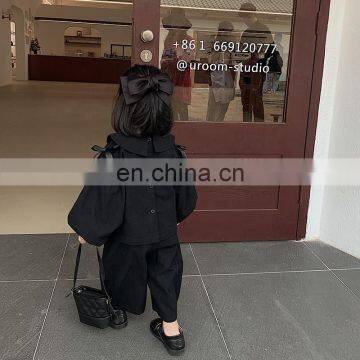 6752/Baby Girls Solid Peter Pan Collar Top With Ruffles Pants Set High Quality Boutique Girls Suit photo-2