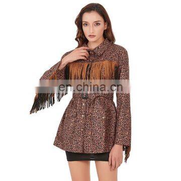 TWOTWINSTYLE leopard jacket Women Lapel Collar Long Sleeve High Waist With lumbar belt Patchwork Tassel