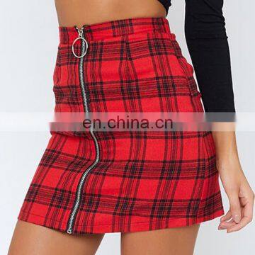 Hot Sale Amazon Wholesale 2020 Women's Fashion Sexy High Waist Front Zipper Style Stitching Bodycon Plaid Skinny Skirt