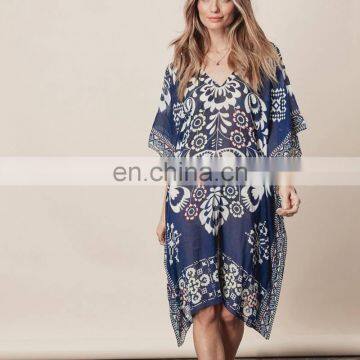 Navy Blue Positioning Flower Chiffon V-neck Bikini Cover Up Dress Tunic Long Pareos Swimsuit Cover-up Beach Vestidos