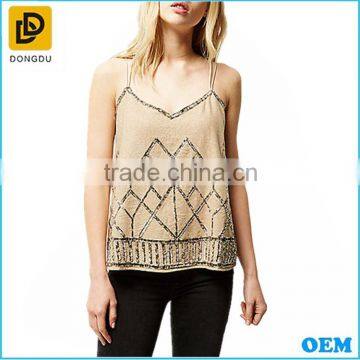 Beige sexy elegant embellished beaded linen cami sleevelss tank tops