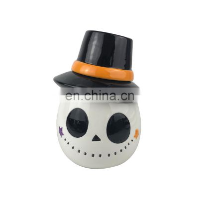 Halloween cartoon skull shaped ceramic storage cookie candy jar canister with lid