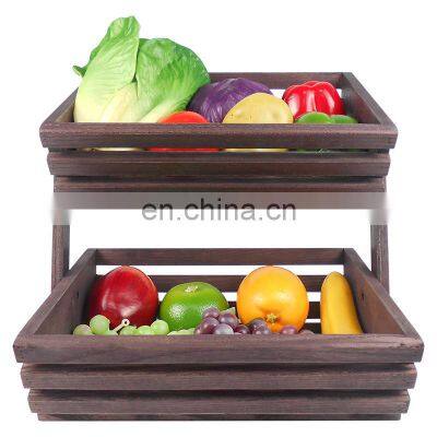 Nature Wood Fruit Basket 2 Tier Fruit Stand Countertop Fruit Holder For Kitchen photo-2