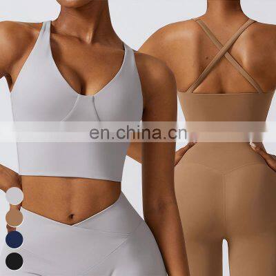 Wholesale Workout Wear High Support Crop Top Custom Gym Fitness Tops Sexy Shockproof Sports Bra Women Yoga Cross Back Tank Top