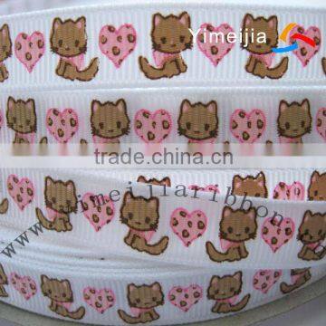 cats and love hearts printed white grosgrain ribbon