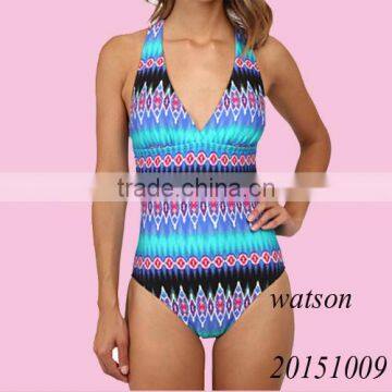 Fashion V- neck one piece printing swimwear women swimsuit multi straps