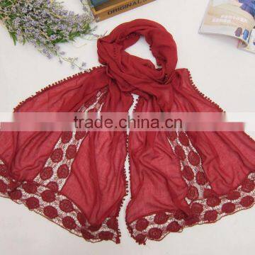 Charm Beautiful Rose Flower Embroidery Lace Plain Cotton Linen Scarves Fashion