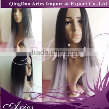 24" Long Straight black to grey Heat Resistant Lace Front Hair Wig