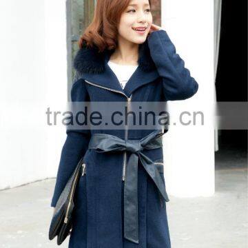 Long style fashion blue coats for ladies&tie bow coat for young women