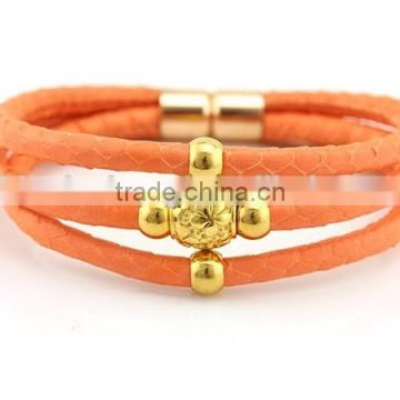 Womens Snakeskin Leather Bracelet Three Wraps Womens Wholesale Snakeskin Bracelet with 5mm Rose Gold Plating Magnetic Clasp