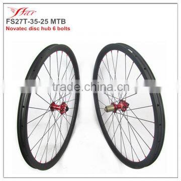 AM mountian bike wheels 35mm wide 25mm deep hookless clincher rims 28H/28H, Novatec carbon wheels 6 bolts disc hub 650B
