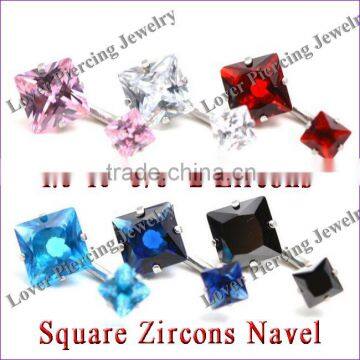 High Polish Internally Thread With Two Square Zircon Top Design Stainless Steel Navel Belly Ring [SS-E851]