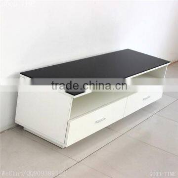 Glass wooden grain melmained MDF particle board cheap large simple glass tv stand