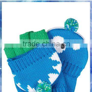 100% Acrylic Monster Knitted Flip Gloves With Cute Pom for Boys
