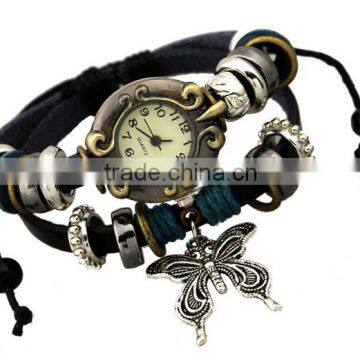 Fashion Jewelry Multilayer Genuine Leather Bronze Butterfly Watch Infinity Cuff Bracelet