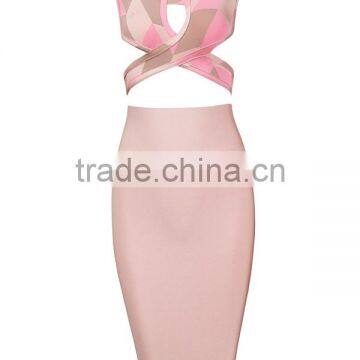2015 New Fashion 2 Piece Set Knee Length Jacquard Rayon Bodycon HL Bandage Dress Cocktail Party Dress photo-2