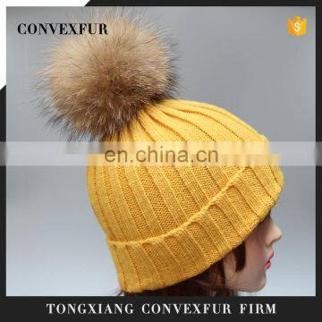 Wholesale striped winter hats top quality acrylic knit hats with large fur pom pom