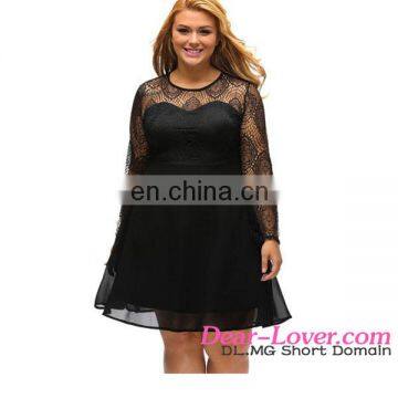 Top quality 2017 New Design Fat Women Lace Long Sleeve Black Dress Plus Size