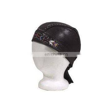 HMB-901J LEATHER SKULL CAPS DURAGS BLACK BEADS WORK SKULLCAP BANDANA HATS