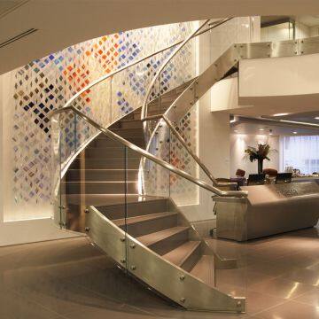 Stainless Steel Curved Staircase with Wood Treads and Glass Railing