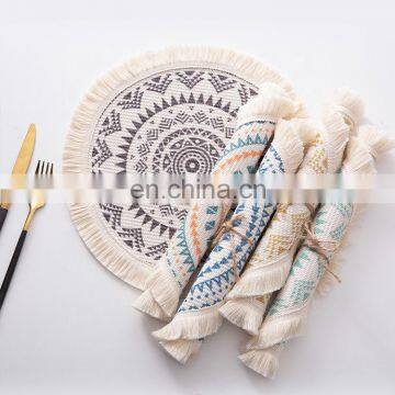 Boho home kitchen decor accept low MOQ custom printed woven round placemats table mat with tassels