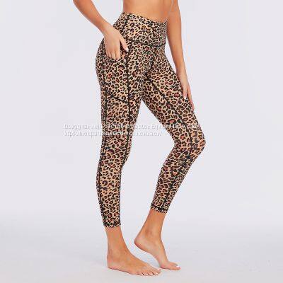 China Sublimation High Waisted Leopard Yoga Leggings Fitness Workout Pants With Pockets