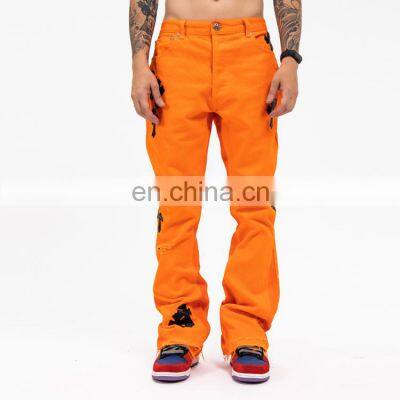 2021 Men hip hop applique embroidery Jeans men wide straight leg orange jeans