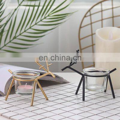 Fawn Bulk Black Gold Geometric Wedding Metal Glass Home Decor Candles Holder photo-3