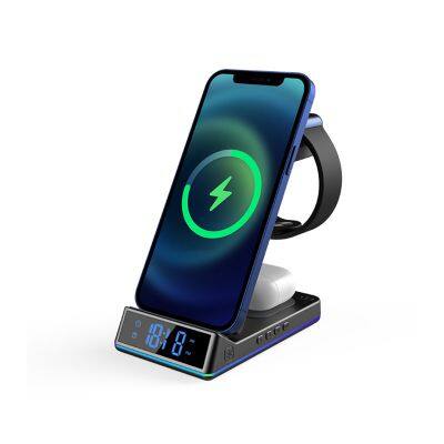 15W 3-in-1 Wireless Charger Fast Charging Desktop with Clock Alarm Multi-Functional Mobile Phones Magnetic Mobile Phone Stand