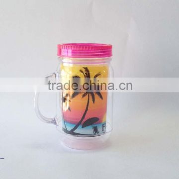 PS Double Wall Hotsale BPA Free Plastic Mason Jar with Handle and Straw