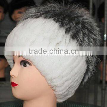 Charm Warm Fur Hat Real Rex Rabbit Fur With Silver Fox Fur Knitted Cap