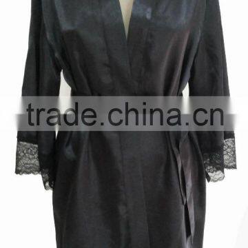Comfortable Women Black Satin Lace Robe photo-2