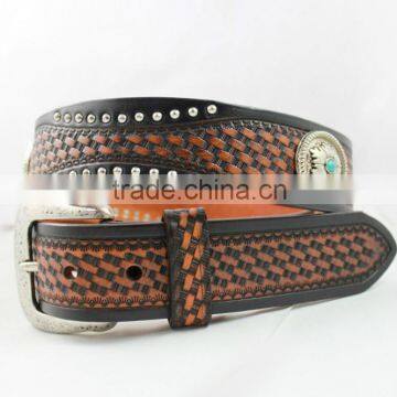 2016 New Design Western Embossed Silver Turquoise Concho Geniune Leather Belt