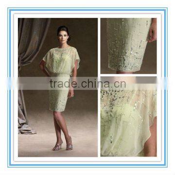 Chiffon Elegant Green Above-the-Knee Sheath with Beaded Sheer Blouson Bodice Beach Dresses for Mother of the Bride(MOMO-3028)