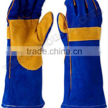 Blue Yellow Safety Cow Split Leather Welding Gloves