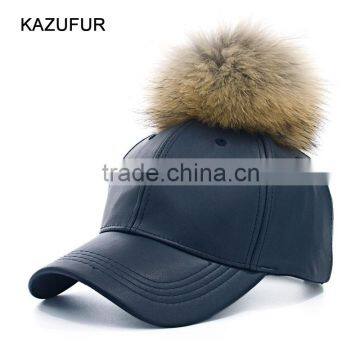 Leather Fur Ball Baseball Cap - pompom PU winter men/women hat KZ160073