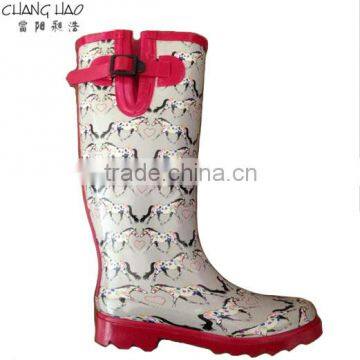 Women fashion rubber rain boot has horse printed with hasp