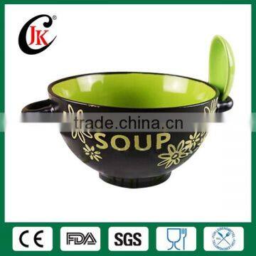 Wholesale microwave safe cheap ceramic soup bowl with two handle