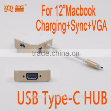 USB 3.1 Type-C to VGA with 2 ports USB 3.0 and HD female for Apple Macbook 12" type c male to VGA female