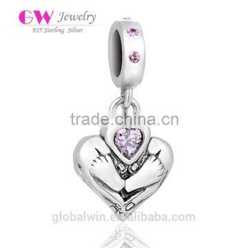 S160A Pink Heart Ston Solid 925 Sterling Silver Baby Foot on baby foot on Heart charm Pendant
