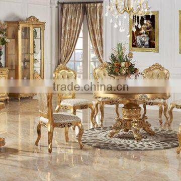 Exquisite Carved Wooden Dinning Room Furniture, Round Dinning Table For Six People, Gold Painting Furniture Dinning Room Set