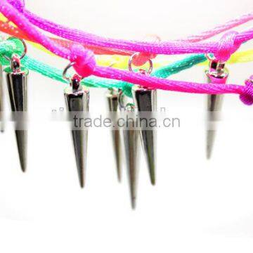 Multi Layered Silver Rivet Charms Neon Silk Cord Bracelet Europe Handmade Punk Style Bracelet