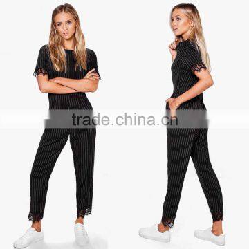 Ladies Custom African Print Jumpsuits 100% Polyester Pinstripe Belted Lace Trim Jumpsuits For Women