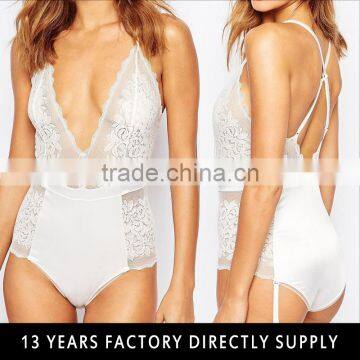 Custom style sexy transparent back cross white lace bodysuit