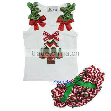 Xmas Baby Red White Chevron Green Ribbon Bloomers Tree Tank Top 2pc Outfit 3-12M